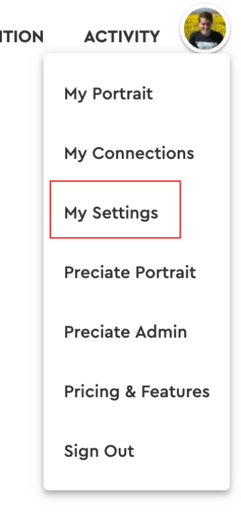 my settings - web dropdown menu